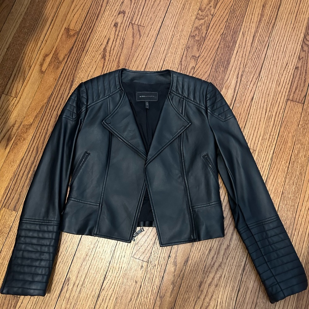 BCBG black leather jacket, size XS